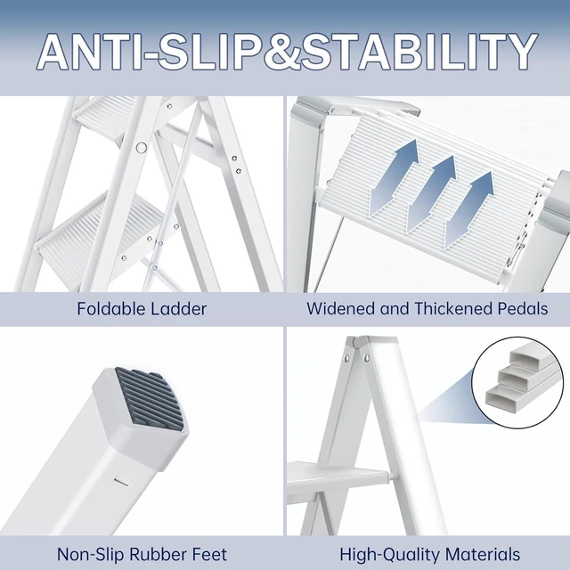 Alt view image 4 of 6 - 3 Step Ladder Folding Ladder Stool Portable Step Ladder Lightweight Aluminum Wide Anti Slip Pedal Multifunctional Household Adults Stepladder White 330lb