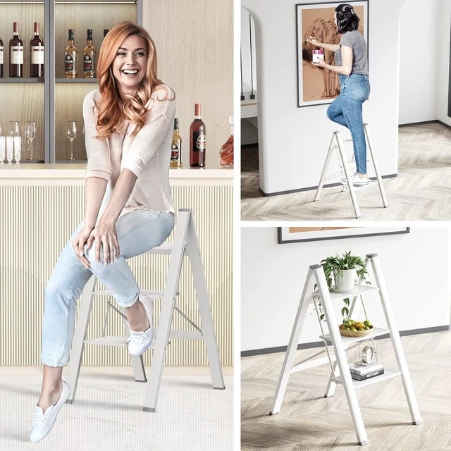 Alt view image 6 of 6 - 3 Step Ladder Folding Ladder Stool Portable Step Ladder Lightweight Aluminum Wide Anti Slip Pedal Multifunctional Household Adults Stepladder White 330lb