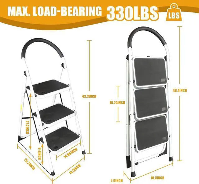 Alt view image 2 of 7 - Big Red 3 Step Ladder, 400lbs Ergonomic Folding Stool with Anti-Slip Pedal, Step Stool with Padded Handle for Kitchen, Household, Offices, ATRJZ9023BR, Torin