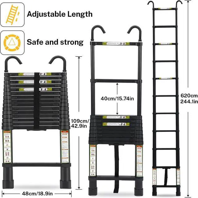 Alt view image 2 of 5 - Telescopic Ladder, 20.34FT RIKADE Aluminum Telescoping Ladder with Stable Hook and Non-Slip Feet, Portable Extension Ladder for Household and Outdoor Working 330lb Capacity