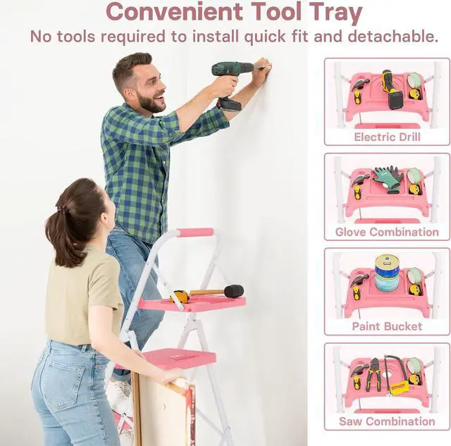 Alt view image 3 of 7 - BONTEC 4-Step Ladder, 400lbs Max Load, Folding Step Stool with Tool Tray, Anti-Slip Pedals, Sturdy Steel, Lightweight Portable Ladder with Handrail for Home & Work Use, Pink