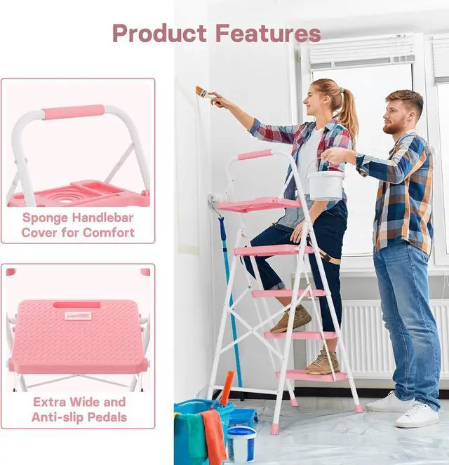 Alt view image 4 of 7 - BONTEC 4-Step Ladder, 400lbs Max Load, Folding Step Stool with Tool Tray, Anti-Slip Pedals, Sturdy Steel, Lightweight Portable Ladder with Handrail for Home & Work Use, Pink