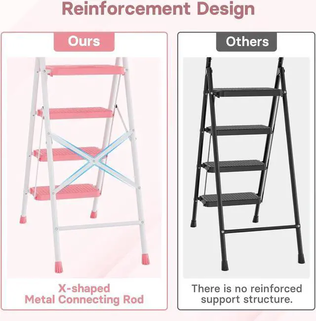 Alt view image 5 of 7 - BONTEC 4-Step Ladder, 400lbs Max Load, Folding Step Stool with Tool Tray, Anti-Slip Pedals, Sturdy Steel, Lightweight Portable Ladder with Handrail for Home & Work Use, Pink