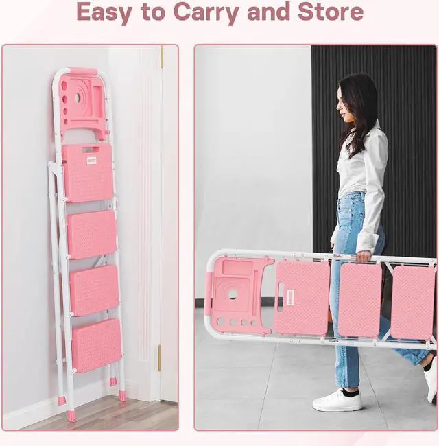 Alt view image 7 of 7 - BONTEC 4-Step Ladder, 400lbs Max Load, Folding Step Stool with Tool Tray, Anti-Slip Pedals, Sturdy Steel, Lightweight Portable Ladder with Handrail for Home & Work Use, Pink