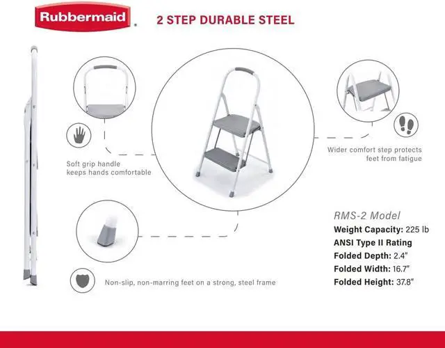 Alt view image 3 of 7 - Rubbermaid 2-Step Steel Step Stool Ladder with Hand Grip, ANSI Type 2 Duty Rating, 225 lb Capacity, White
