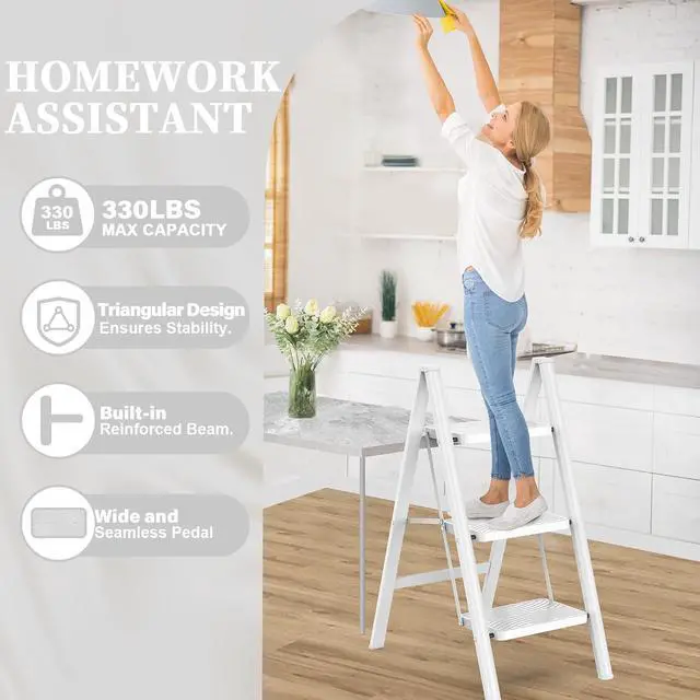 Alt view image 2 of 5 - HBTower Step Ladder 3 Step Folding, Small Step Stool for Adults, Closet Step Stool Lightweight Kitchen Ladder 3 Step Ladder with Anti-Slip Wide Pedals, White