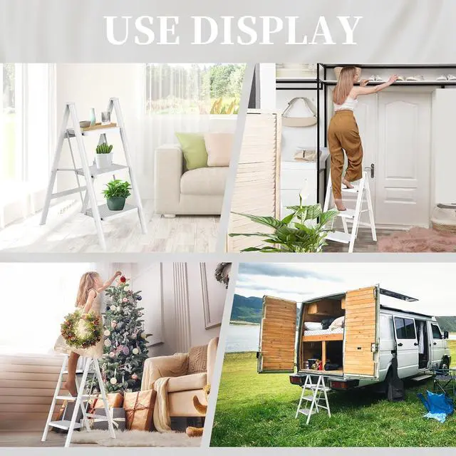 Alt view image 5 of 5 - HBTower Step Ladder 3 Step Folding, Small Step Stool for Adults, Closet Step Stool Lightweight Kitchen Ladder 3 Step Ladder with Anti-Slip Wide Pedals, White