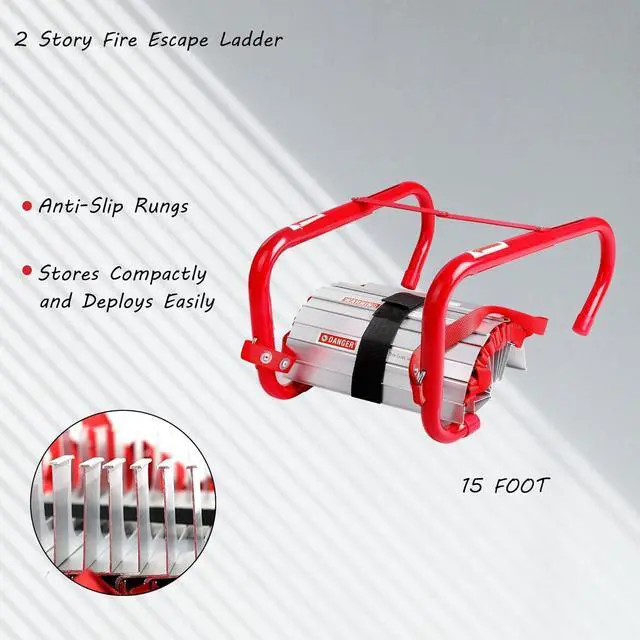 Alt view image 2 of 7 - Emergency Fire Escape Ladder 2 Story Portable Safety with Anti-Slip Rungs, 15 Ft