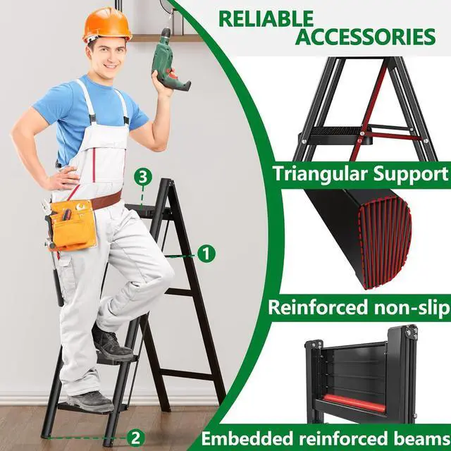 Alt view image 2 of 7 - 3 Step Ladder, Carbon Steel Ladder with Anti-Slip Pedal, Lightweight Step Stool Foldable, Stepping Stool ladders for Home, Kitchen, and Office, Load 550 lbs, Black