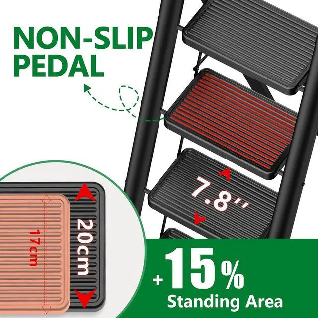 Alt view image 4 of 7 - 3 Step Ladder, Carbon Steel Ladder with Anti-Slip Pedal, Lightweight Step Stool Foldable, Stepping Stool ladders for Home, Kitchen, and Office, Load 550 lbs, Black