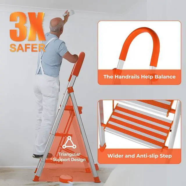 Alt view image 4 of 6 - LUISLADDERS 3 Step Stool, Foldable Lightweight Step Ladder, Aluminum Anti-Slip with Rubber Hand Grip, 350lbs Capacity, Home and Kitchen Anti-Slip Stepladders
