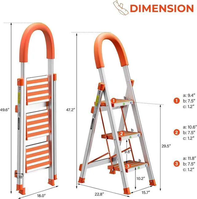 Alt view image 6 of 6 - LUISLADDERS 3 Step Stool, Foldable Lightweight Step Ladder, Aluminum Anti-Slip with Rubber Hand Grip, 350lbs Capacity, Home and Kitchen Anti-Slip Stepladders