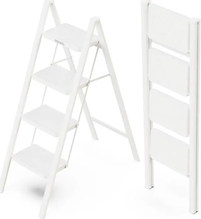 Main image of WOA WOA 4 Step Ladder, Folding Step Stool with Wide Pedals, Sturdy Steel Ladders with Anti-Slip Feet, Compact Kitchen Stepping Stool, Supports up to 330 lbs - White