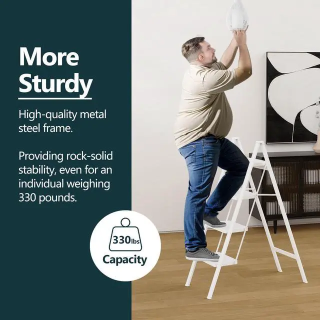 Alt view image 2 of 6 - WOA WOA 4 Step Ladder, Folding Step Stool with Wide Pedals, Sturdy Steel Ladders with Anti-Slip Feet, Compact Kitchen Stepping Stool, Supports up to 330 lbs - White