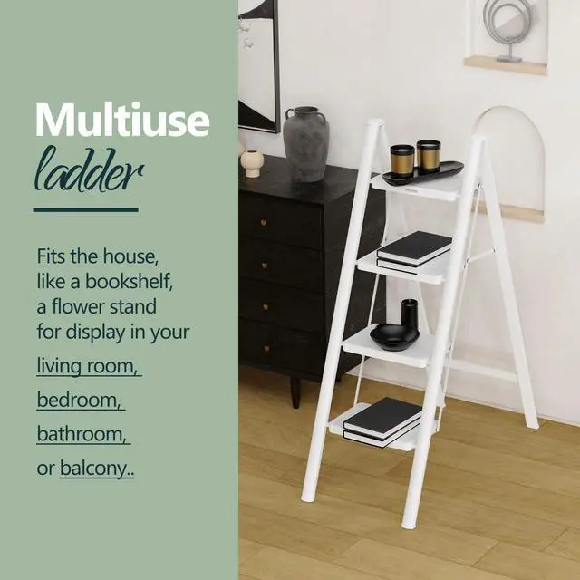 Alt view image 5 of 6 - WOA WOA 4 Step Ladder, Folding Step Stool with Wide Pedals, Sturdy Steel Ladders with Anti-Slip Feet, Compact Kitchen Stepping Stool, Supports up to 330 lbs - White