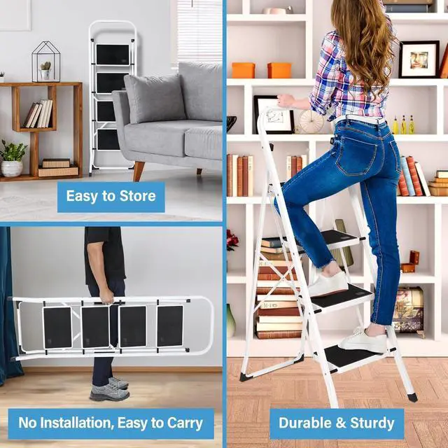 Alt view image 3 of 7 - ZENY 4 Step Ladder, Folding Step Stool with Wide Anti-Slip Pedal, 330lbs Sturdy Steel Ladder for Adults, Portable Steel Step Stool for Home Kitchen Office
