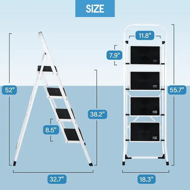 Alt view image 4 of 7 - ZENY 4 Step Ladder, Folding Step Stool with Wide Anti-Slip Pedal, 330lbs Sturdy Steel Ladder for Adults, Portable Steel Step Stool for Home Kitchen Office