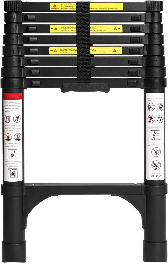 Main image of BOCOM 8.5 FT Aluminum Telescoping Ladder, Lightweight Multi-Purpose Collapsible Extension with 2 Triangle Stabilizers, Heavy Duty 330 lbs Max Capacity, Ideal for Home, RV, and Outdoor Work Black