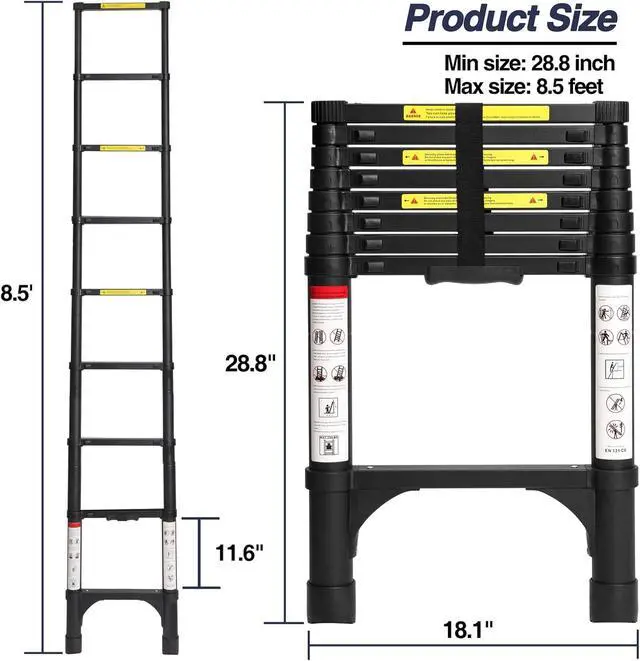 Alt view image 5 of 7 - BOCOM 8.5 FT Aluminum Telescoping Ladder, Lightweight Multi-Purpose Collapsible Extension with 2 Triangle Stabilizers, Heavy Duty 330 lbs Max Capacity, Ideal for Home, RV, and Outdoor Work Black
