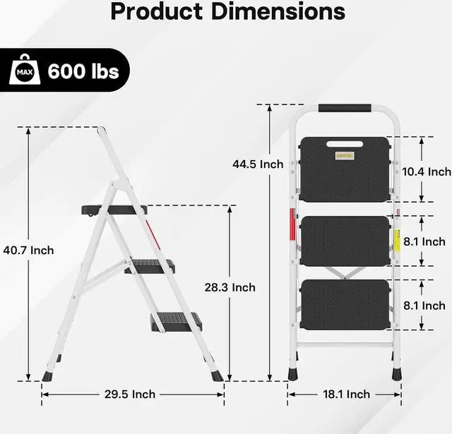 Alt view image 2 of 7 - BONTEC 3-Step Ladder, Folding Step Stool with Wide Anti-Slip Pedals, Max Load Capacity 600lbs Sturdy Steel Ladder, Convenient Handgrip, Lightweight Portable Step Stool for Adults, White