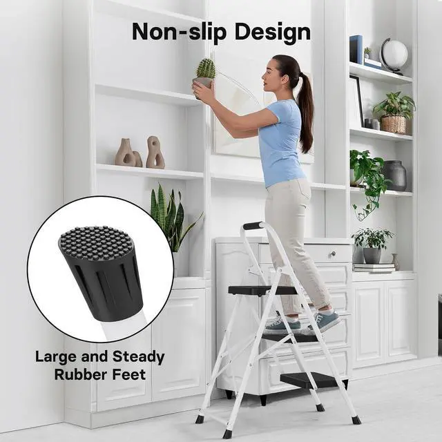 Alt view image 3 of 7 - BONTEC 3-Step Ladder, Folding Step Stool with Wide Anti-Slip Pedals, Max Load Capacity 600lbs Sturdy Steel Ladder, Convenient Handgrip, Lightweight Portable Step Stool for Adults, White