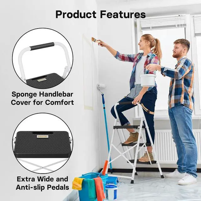Alt view image 4 of 7 - BONTEC 3-Step Ladder, Folding Step Stool with Wide Anti-Slip Pedals, Max Load Capacity 600lbs Sturdy Steel Ladder, Convenient Handgrip, Lightweight Portable Step Stool for Adults, White