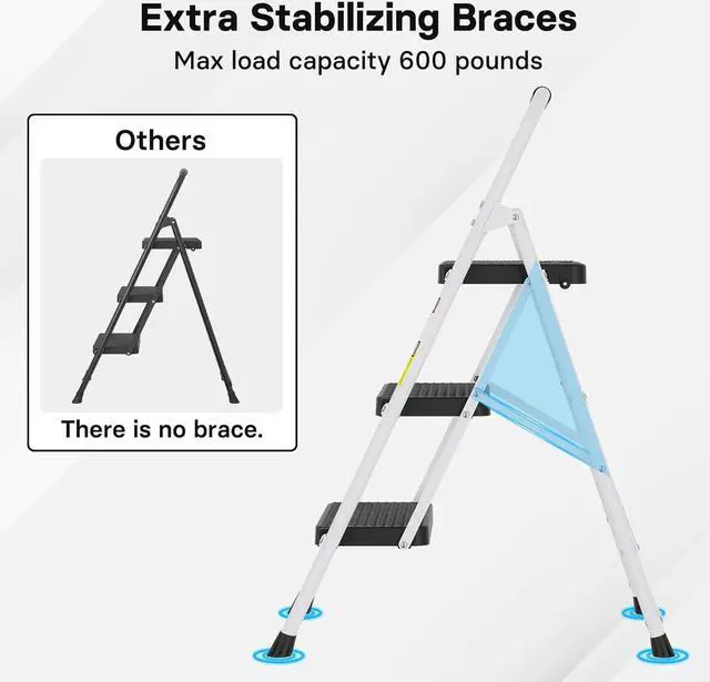 Alt view image 6 of 7 - BONTEC 3-Step Ladder, Folding Step Stool with Wide Anti-Slip Pedals, Max Load Capacity 600lbs Sturdy Steel Ladder, Convenient Handgrip, Lightweight Portable Step Stool for Adults, White