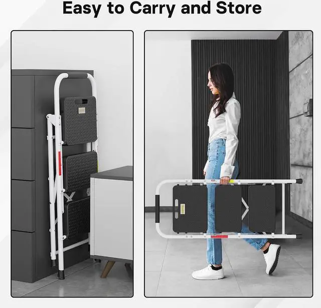 Alt view image 7 of 7 - BONTEC 3-Step Ladder, Folding Step Stool with Wide Anti-Slip Pedals, Max Load Capacity 600lbs Sturdy Steel Ladder, Convenient Handgrip, Lightweight Portable Step Stool for Adults, White