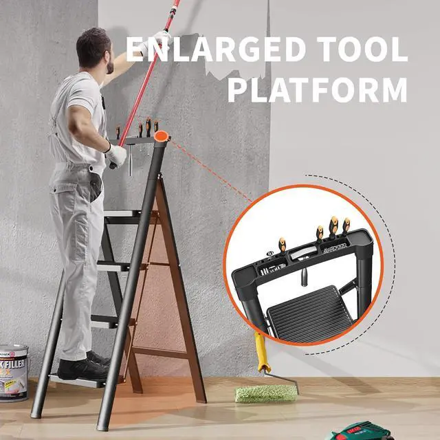 Alt view image 2 of 7 - JOISCOPE 4 Step Ladder, Folding Step Stool with Tool Platform, 600lbs Portable Sturdy Steel Ladder with Wide Anti-Slip Pedal, Lightweight, Convenient Handgrip, Ergonomic Design, Black