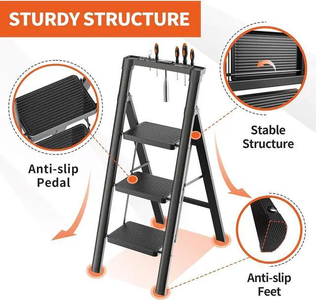 Alt view image 5 of 7 - JOISCOPE 4 Step Ladder, Folding Step Stool with Tool Platform, 600lbs Portable Sturdy Steel Ladder with Wide Anti-Slip Pedal, Lightweight, Convenient Handgrip, Ergonomic Design, Black