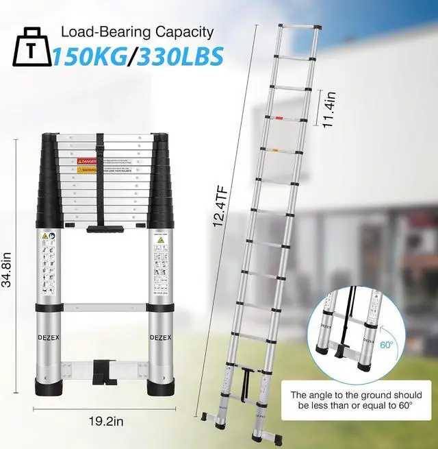 Alt view image 2 of 6 - Telescoping Ladders 12.5 FT Aluminum Lsdder - One-Button Retraction Collapsible Extension Ladder for Home,RV,Attic,Lasts 330 LBS with Swivel Feet and Non-Slip Cushion