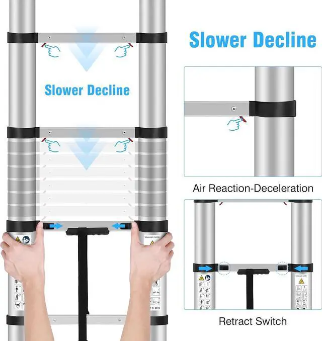 Alt view image 3 of 6 - Telescoping Ladders 12.5 FT Aluminum Lsdder - One-Button Retraction Collapsible Extension Ladder for Home,RV,Attic,Lasts 330 LBS with Swivel Feet and Non-Slip Cushion