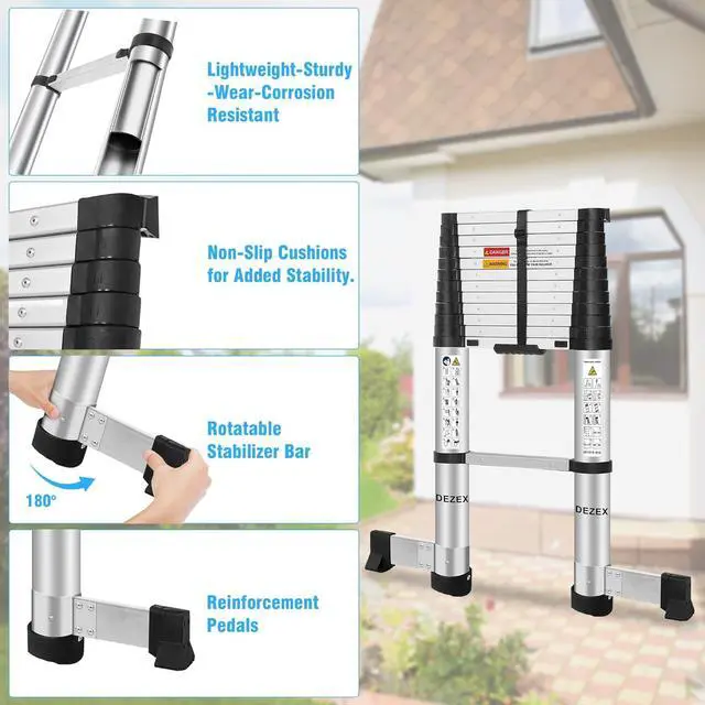 Alt view image 4 of 6 - Telescoping Ladders 12.5 FT Aluminum Lsdder - One-Button Retraction Collapsible Extension Ladder for Home,RV,Attic,Lasts 330 LBS with Swivel Feet and Non-Slip Cushion