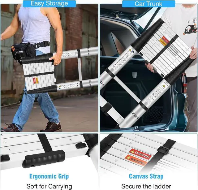 Alt view image 5 of 6 - Telescoping Ladders 12.5 FT Aluminum Lsdder - One-Button Retraction Collapsible Extension Ladder for Home,RV,Attic,Lasts 330 LBS with Swivel Feet and Non-Slip Cushion