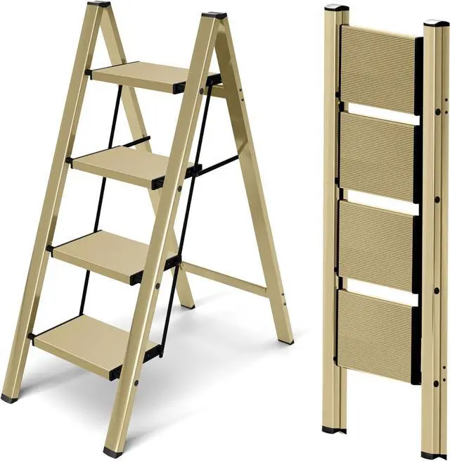 Main image of 4 Step Ladder,Aluminum Folding Step Ladder for Adults,Step Ladder with Wide Anti-Slip Pedal,330 lbs Capacity for Home,Office,Kitchen,Library(Gold)