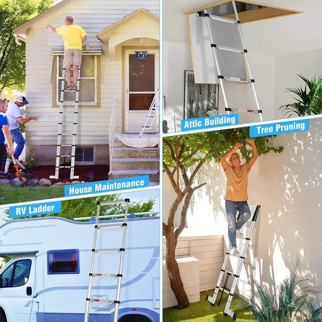 Alt view image 6 of 6 - Telescoping Ladders 12.5 FT Aluminum Lsdder - One-Button Retraction Collapsible Extension Ladder for Home,RV,Attic,Lasts 330 LBS with Swivel Feet and Non-Slip Cushion