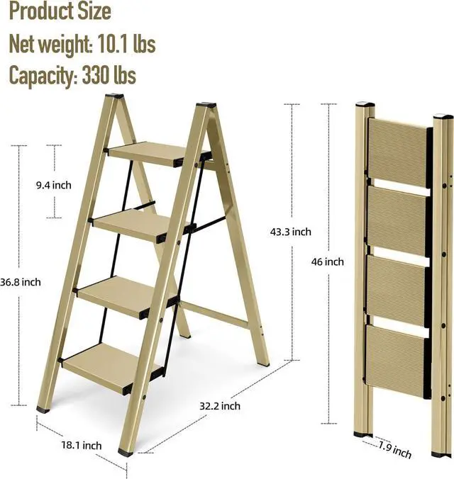 Alt view image 5 of 7 - 4 Step Ladder,Aluminum Folding Step Ladder for Adults,Step Ladder with Wide Anti-Slip Pedal,330 lbs Capacity for Home,Office,Kitchen,Library(Gold)