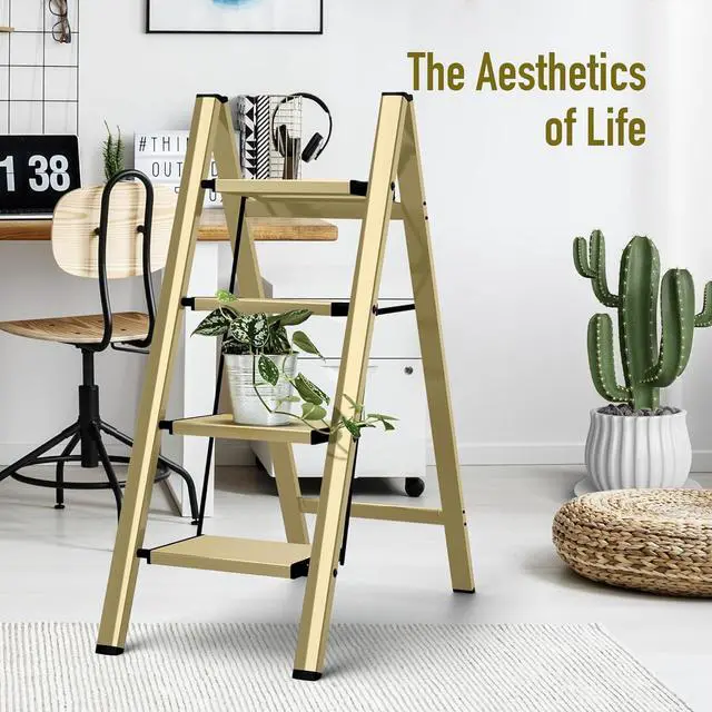 Alt view image 6 of 7 - 4 Step Ladder,Aluminum Folding Step Ladder for Adults,Step Ladder with Wide Anti-Slip Pedal,330 lbs Capacity for Home,Office,Kitchen,Library(Gold)