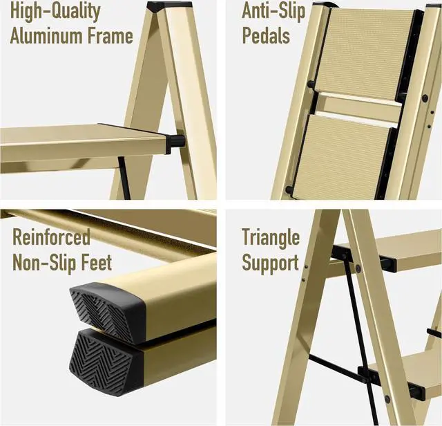 Alt view image 4 of 7 - 4 Step Ladder,Aluminum Folding Step Ladder for Adults,Step Ladder with Wide Anti-Slip Pedal,330 lbs Capacity for Home,Office,Kitchen,Library(Gold)