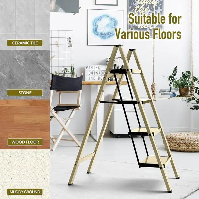 Alt view image 7 of 7 - 4 Step Ladder,Aluminum Folding Step Ladder for Adults,Step Ladder with Wide Anti-Slip Pedal,330 lbs Capacity for Home,Office,Kitchen,Library(Gold)