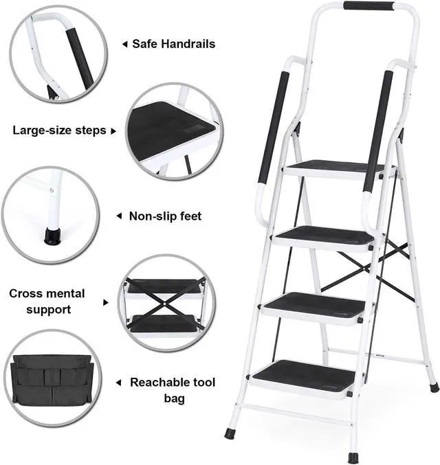 Alt view image 3 of 7 - Usinso 4 Step Ladder Tool Ladder Folding Portable Steel Frame MAX 500 lbs Non-Slip Side armrests Large Area Pedals Detachable ToolBag Suitable for Home Office Engineering White