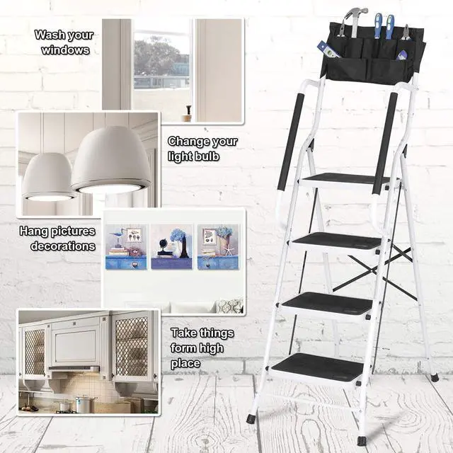 Alt view image 4 of 7 - Usinso 4 Step Ladder Tool Ladder Folding Portable Steel Frame MAX 500 lbs Non-Slip Side armrests Large Area Pedals Detachable ToolBag Suitable for Home Office Engineering White