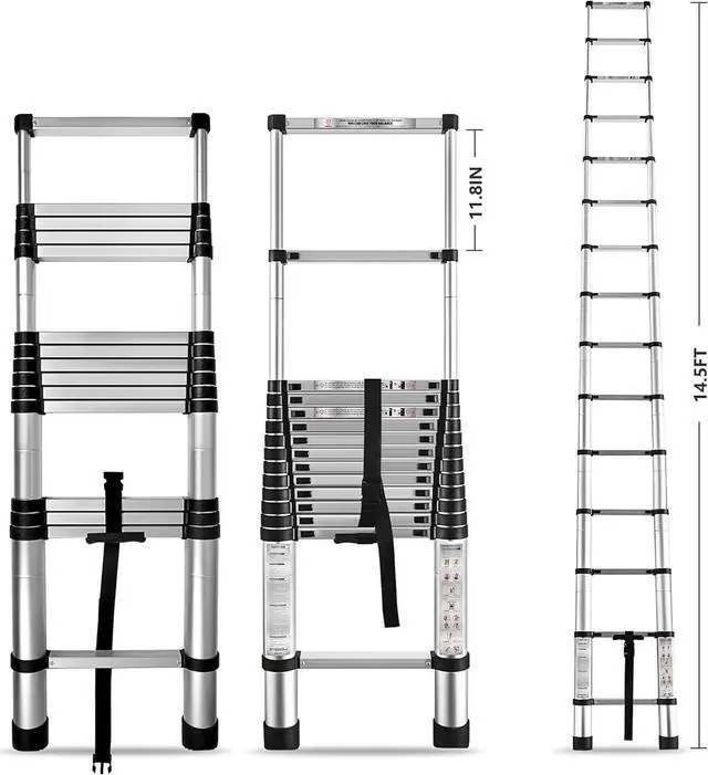 Alt view image 2 of 7 - 14.5 FT Telescoping Ladder 330 lbs Capacity Heavy Duty Aluminum Extendable Ladder Collapsible Locking Mechanism for Attic Household Use Outdoor Work