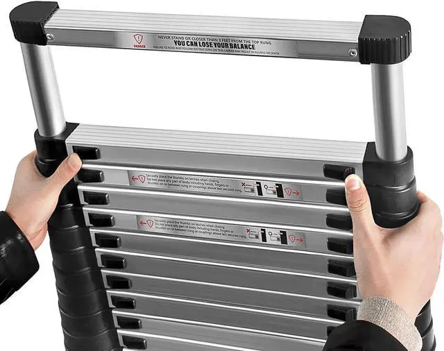 Alt view image 5 of 7 - 14.5 FT Telescoping Ladder 330 lbs Capacity Heavy Duty Aluminum Extendable Ladder Collapsible Locking Mechanism for Attic Household Use Outdoor Work