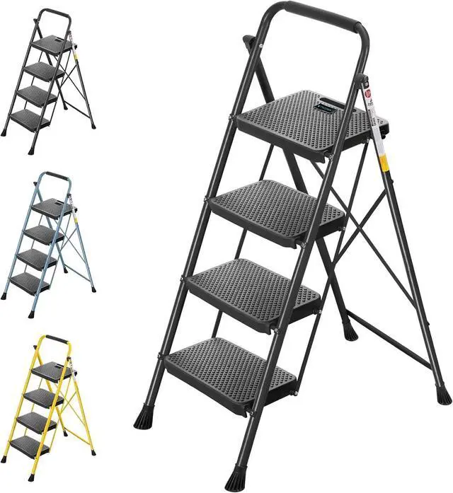 Main image of TICONN 4 Step Ladder, Heavy Duty Foldable Step Stool, Portable Steel Folding Stool for Household Garage Storage (Black)