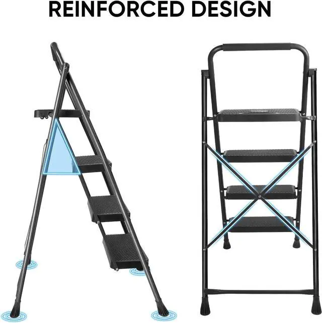 Alt view image 3 of 7 - TICONN 4 Step Ladder, Heavy Duty Foldable Step Stool, Portable Steel Folding Stool for Household Garage Storage (Black)