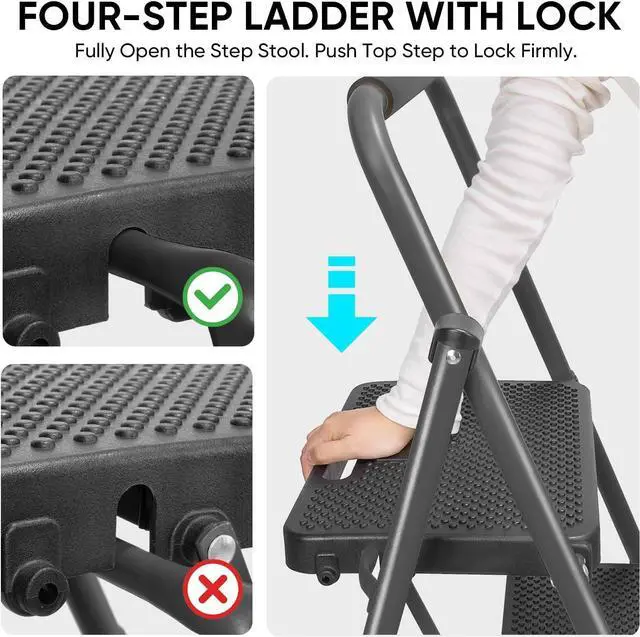 Alt view image 4 of 7 - TICONN 4 Step Ladder, Heavy Duty Foldable Step Stool, Portable Steel Folding Stool for Household Garage Storage (Black)
