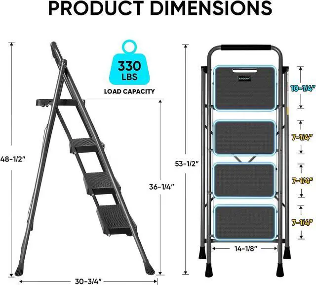 Alt view image 5 of 7 - TICONN 4 Step Ladder, Heavy Duty Foldable Step Stool, Portable Steel Folding Stool for Household Garage Storage (Black)