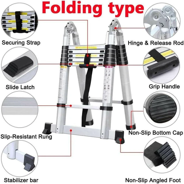 Alt view image 3 of 7 - Aluminum Telescopic Extension Ladder A-Frame Ladder 2-in-1, Portable Collapsible Ladder with Stabilizer Bar,6+6 Steps Adjustable Height, 12.5FT in Straight Line & 6.25FT in A-Frame, 330lbs Max Load