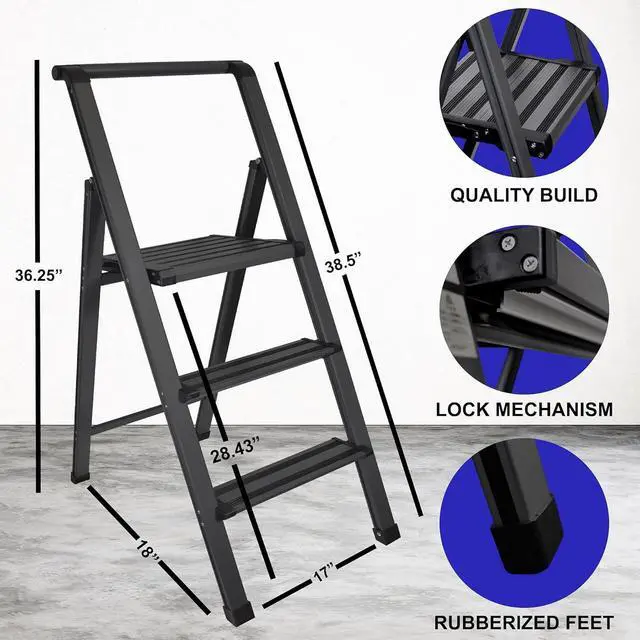 Alt view image 2 of 5 - Step Ladder 3 Step Folding, Decorative - Modern Beautiful Grey Aluminum, Ultra Slim Profile, Anti Slip Steps, Sturdy-Portable for Home, Office, Kitchen, Photography Use,by SORFEY